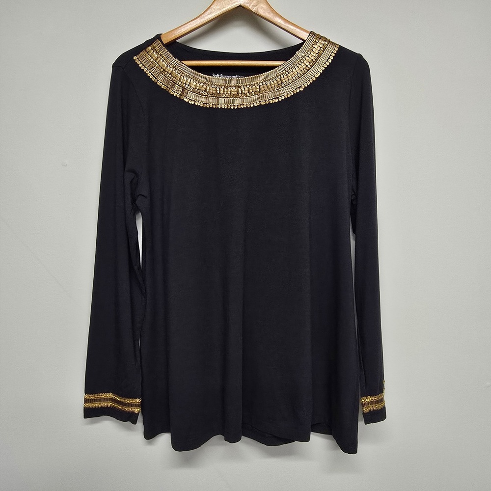 Soft Surroundings Goddess Top Women Large Black Gold Long Sleeve Beaded Boho